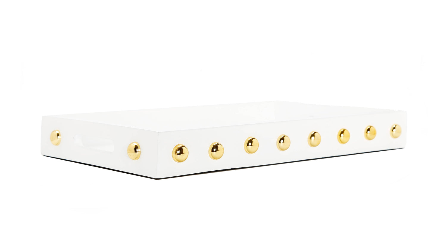 White Decorative Serving Tray With Shiny Gold Ball Design